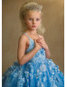 Blue Beaded Lace Tulle Blossom Flower Girl Dress